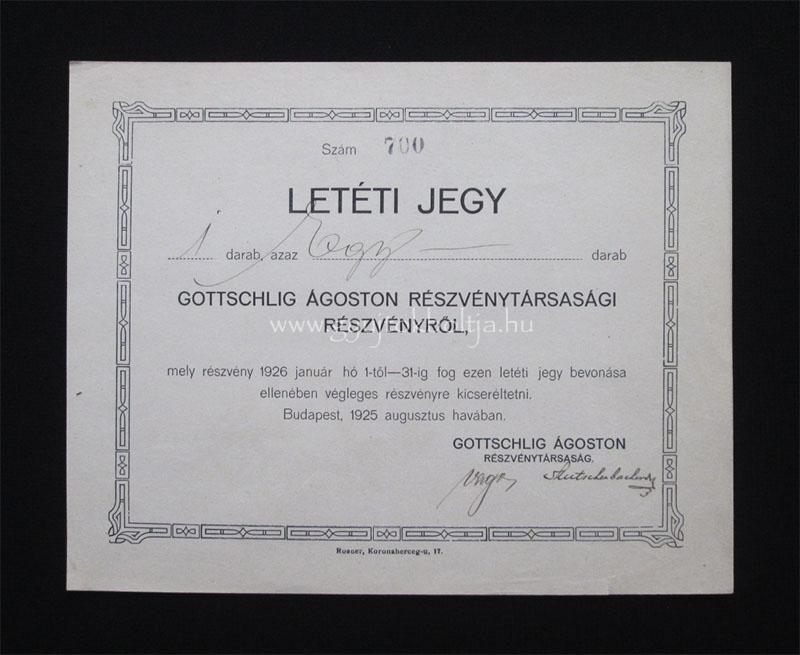 Gottschlig Ágoston Részvénytársaság részvény letéti jegy 1925